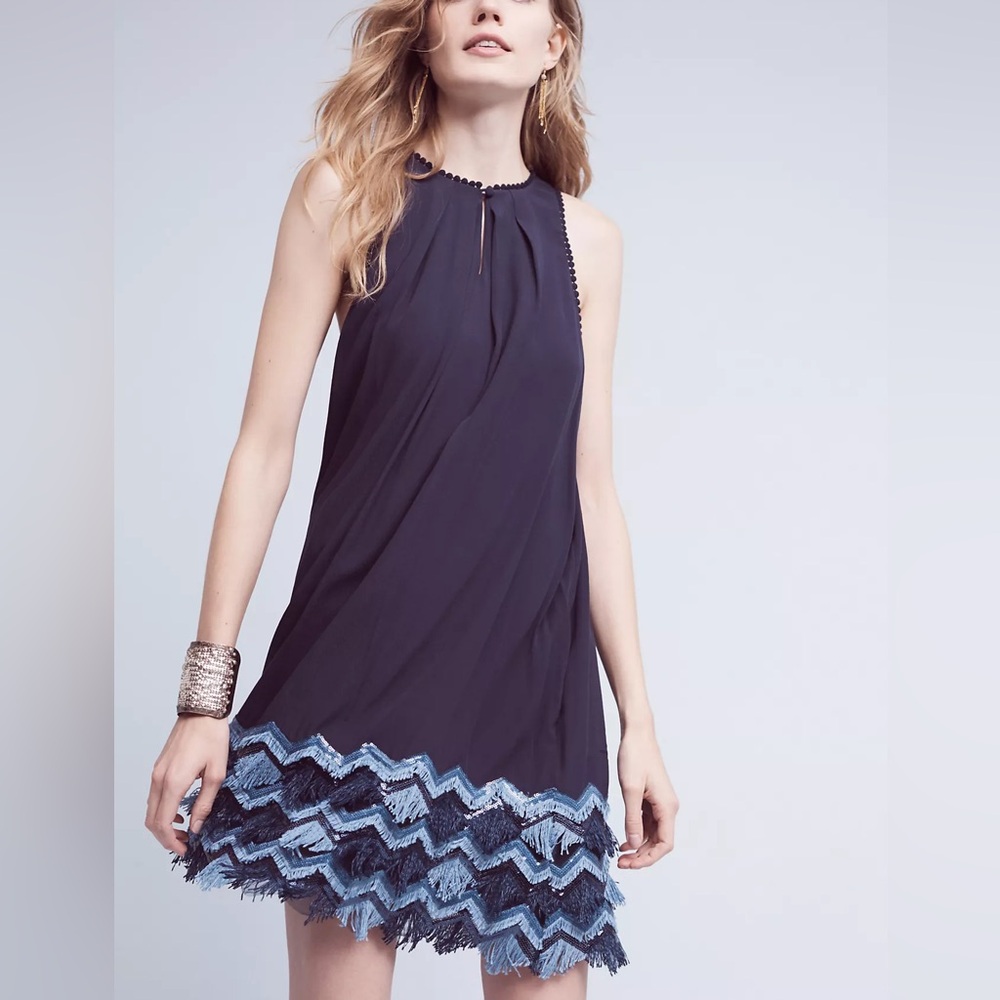 Maeve by Anthropologie Navy Fringe Hem Dress β Size 6 - Picture 1 of 8